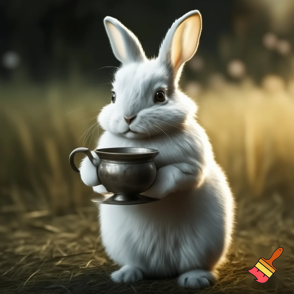 A white rabbit holding the would cup