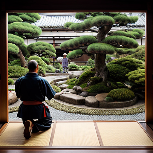 Wide-angle artistic illustration blending traditional Japanese realism with a dreamlike atmosphere. Edo-period Shogunate setting. In the foreground, a beautifully manicured Zen garden with lush flowers and bonsai trees. A well-dressed, serene man is kneeling, carefully tending to the plants. The garden is enclosed by a unique, high wall made of thick, transparent glass blocks. Outside the glass wall, only a few curious townspeople, perhaps three or four, are watching him; their distinct faces show expressions of wonder and surprise, visible through the glass. Bright morning light, soft shadows, vibrant colors, intricate details, cinematic composition.