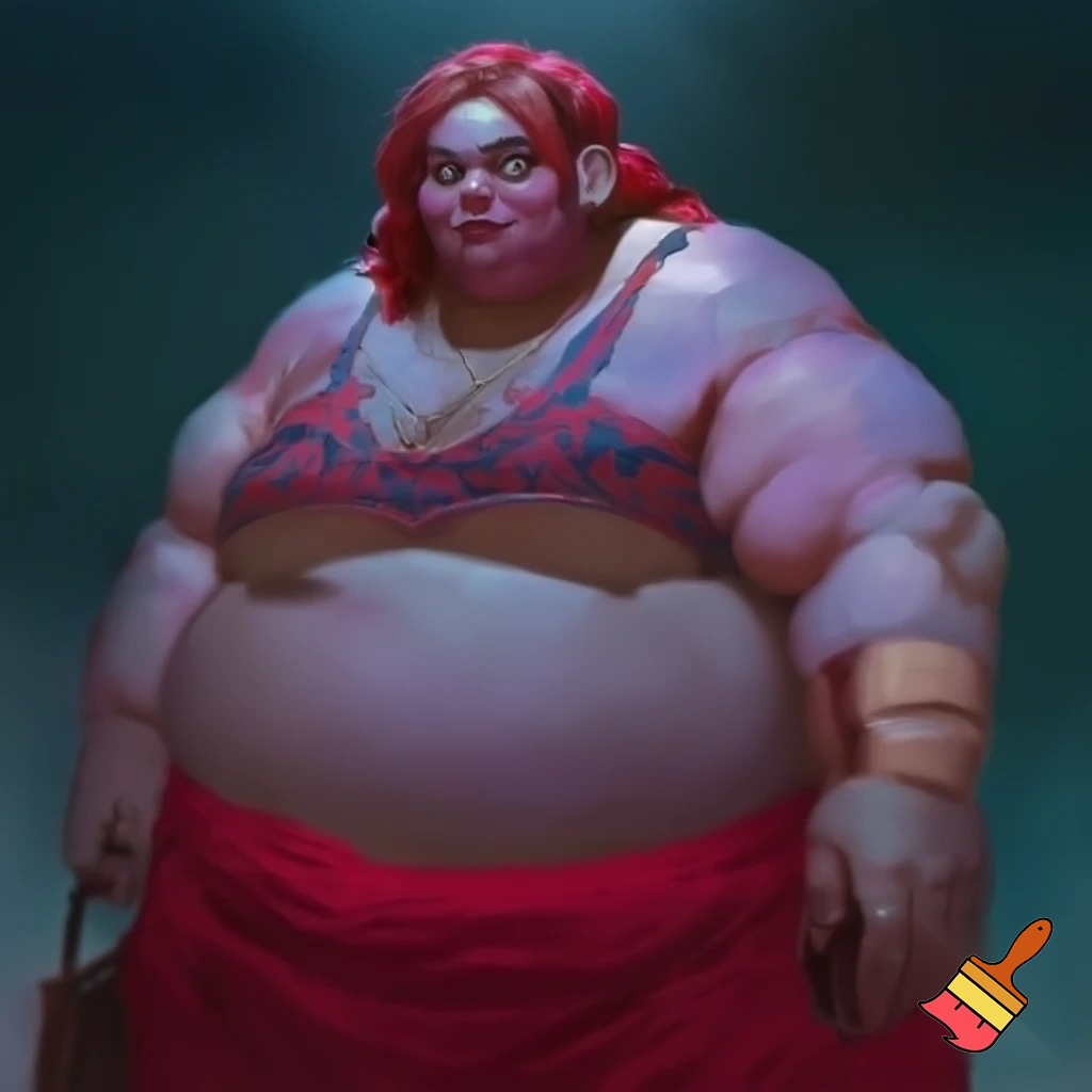 short, fat , obese short women with a big chubby neck and red hair, menacing, mean