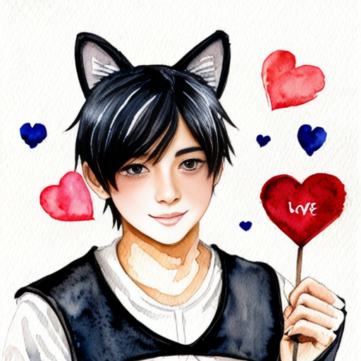 anime teenage boy with red eyes, black hair, white cat ears, a white shirt
, blue jeans, black gloves with one love heart per glove and a brown cat tail with a white stripe near the tip.