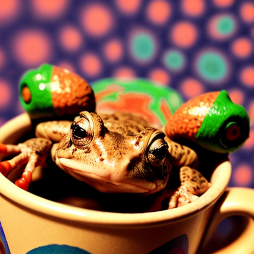 A hillarious, funny boho toad with some hippie colored coffee cups. Psychedelic decorated background, hyperrealistic. Close-up view.