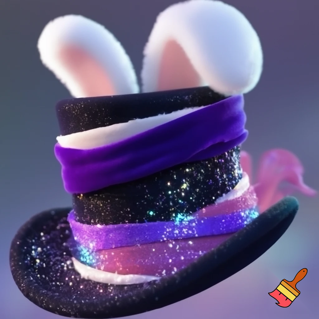 Black top hat with bunny ears velvet white and purple purple and white headband fabric and velvet glitter, purple and pink