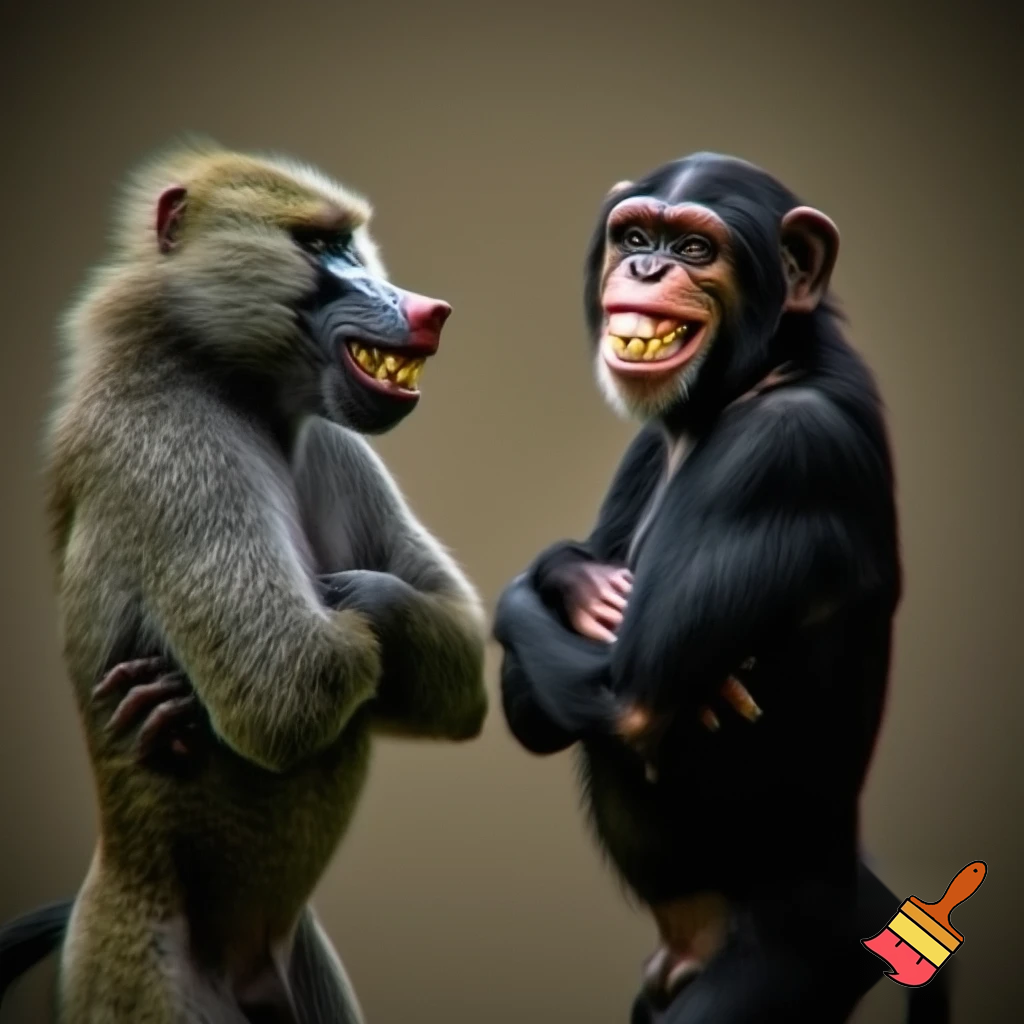 A baboon smiling and standing on his two legs with his arms crossed and looking at a chimpanzee that is standing on his two legs with his arms crossed and smiling