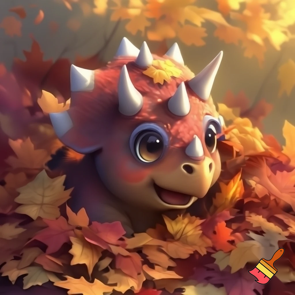 Cute baby triceratops hiding his head in pile of leaves 