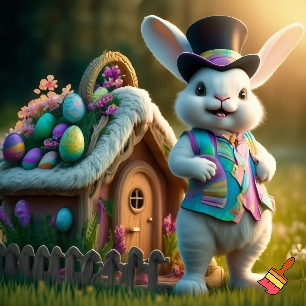 Easter bunny mascot top hat costume Easter bunny’s house