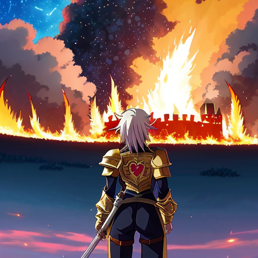 young, tall, white-haired woman in armor stands in front of a burning castle into which meteorites are falling.