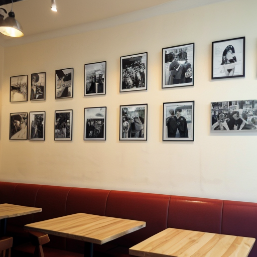 wall of cafe with lots of pictures and decorations