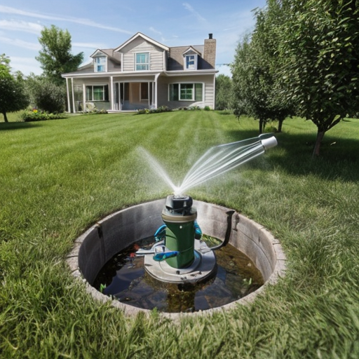 Draw a picture consisting of two parts: an underground part and an above-ground part separated by a lawn line. Under the lawn, there should be soil and a well casing in cross-section (schematic image), with clear, clean water in the well, and a centrifugal well pump suspended on a cable, with the pump submerged in the water and supplying water up a pipe connected to the pump. In the upper part of the image, there is a neat well head above the well, with a small, barely visible pipe leading to a small, cozy, modern-style country house with a gable roof and a terrace. In front of the house, there is a neatly trimmed green lawn, with 3-4 fruit trees (apple trees with light foliage and small fruits) nearby. On the lawn, there is an automatic watering device (sprinkler) in operation.