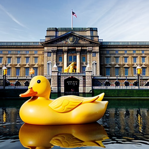 Buckingham palace but the building is yellow and rubbery in appearence, similar to a rubber duck. The building itself has duck like features such as a bill. This image will not include actual ducks but the building itself has a ducklike appearence