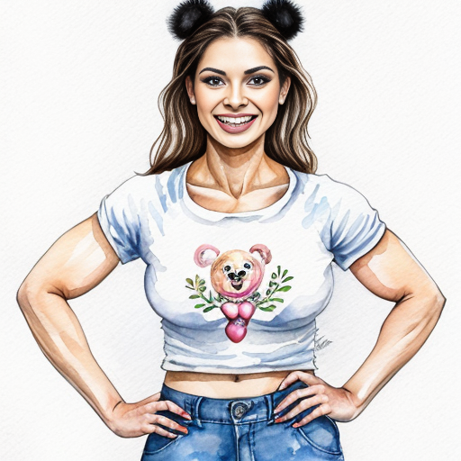 Female care bear with black fur, large and muscular arms, huge muscles, circular eyes, eyelashes, sharp teeth, claws, busty, two meters tall, large breasts inside blue T-shirt and pants.