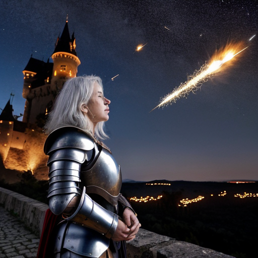 young tall white-haired woman in armor watches as meteors fall on the castle