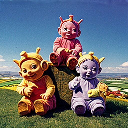 Teletubbies in 1997 sitting on top of their house