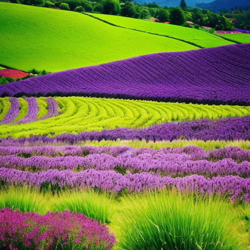 Hills of  purple and green fields and pink and purple flowers




