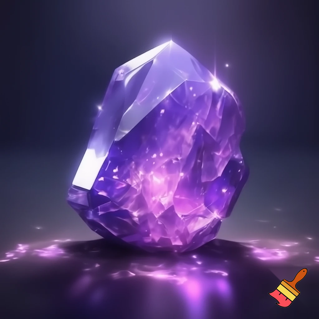 A crystal being carved from transparent purple gemstone, with soft glowing light shining from within. Her body is faceted like a jewel, smooth and reflective, and her voice creates faint light echoes around her. She appears elegant, bright, curious and magical, with prismatic sparkles catching the light around her. A character made entirely of vibrant, polished crystal.