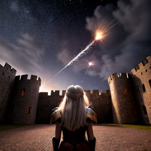 young white-haired woman in armor watches as meteorites fall on her castle