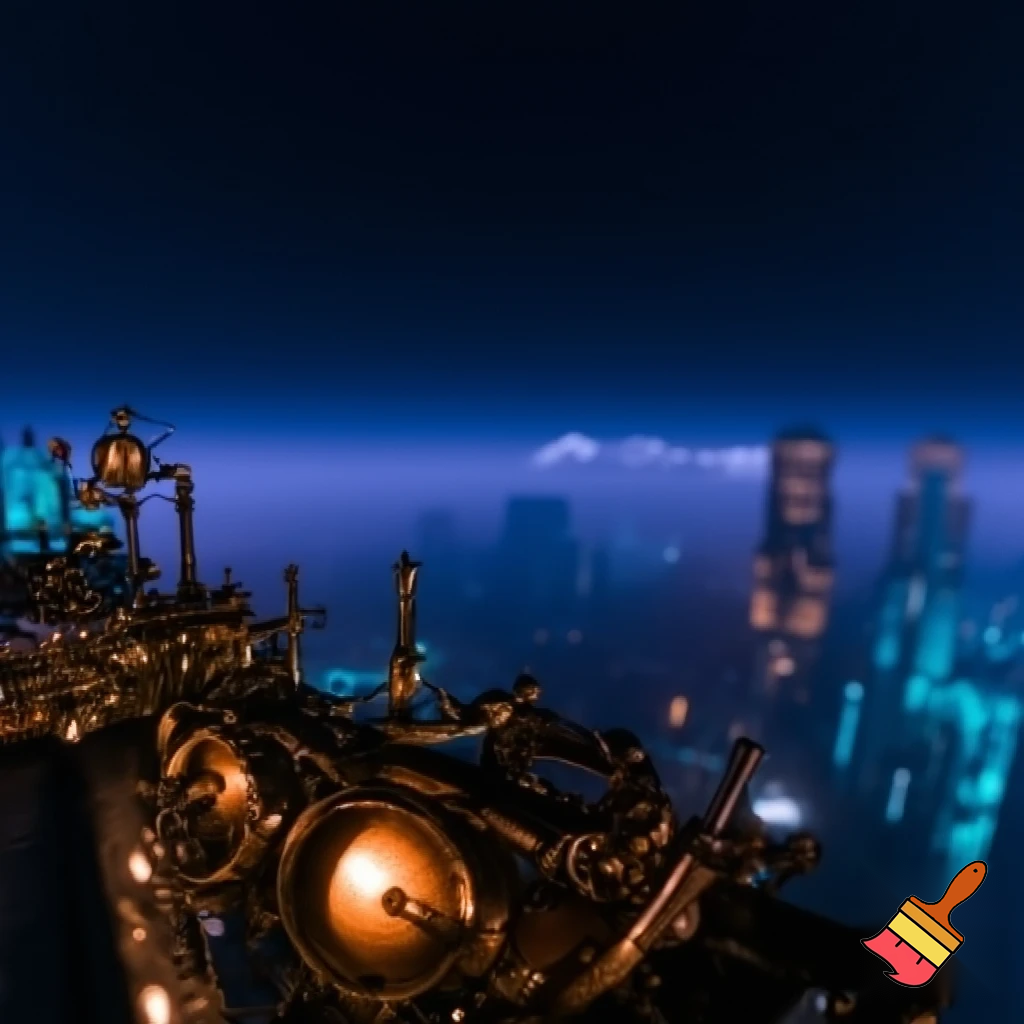 create a landscape background 



Style: anime teaser, a mix of cyberpunk, steampunk and ethno motifs (PUNKVERSE)



Palette: deep cool neon blues/purples + warm brass-copper range for steampunk elements + white-snow accents in the background.



Description: Almaty at night, view from the roof (transition from Scene 7), but now without characters. An empty landscape.



Action: Focus on the city.



Visual: A scene on the roof / generalized observation deck of the city.