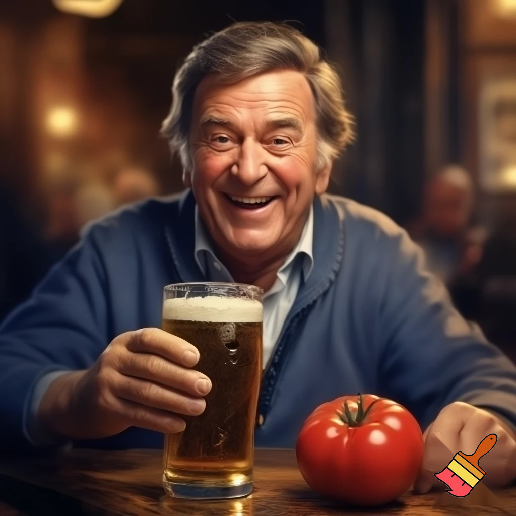 Terry Wogan with a pint of beer laughing at a tomato 