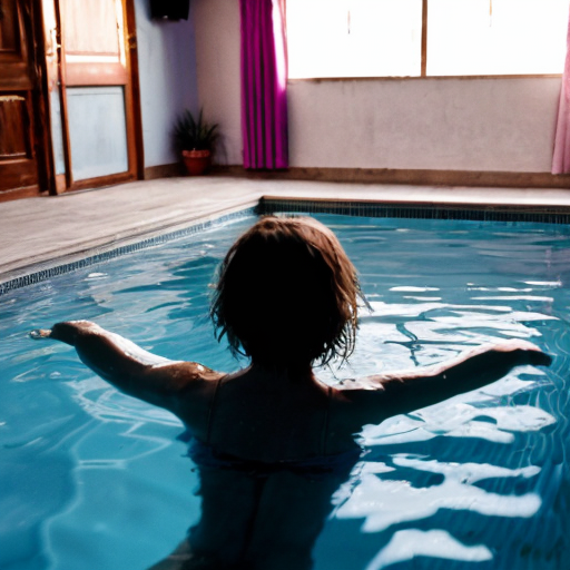 A girl in a pool party now make them turn around touch make them stand on the ground and touch their toes like inside the house
