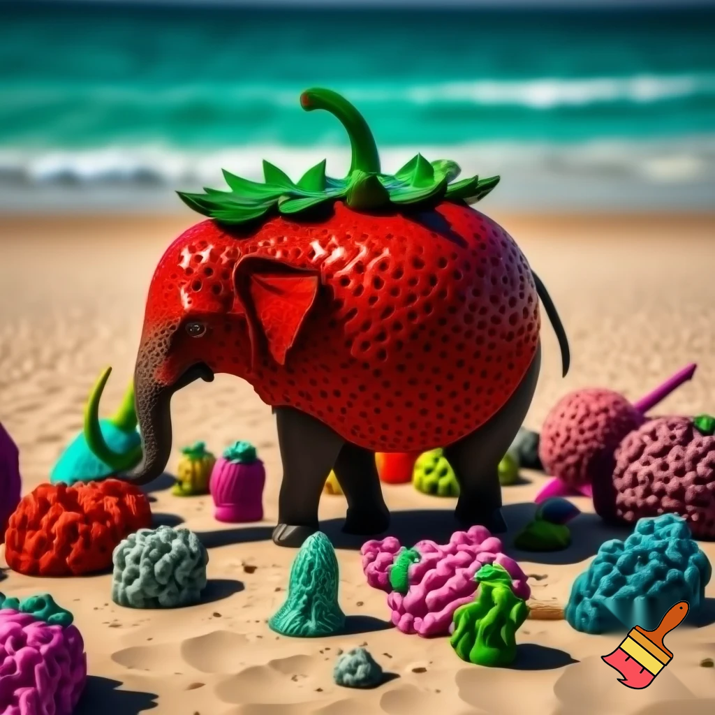 strawberry elephant from steal a brainrot with other brainrots on the beach
