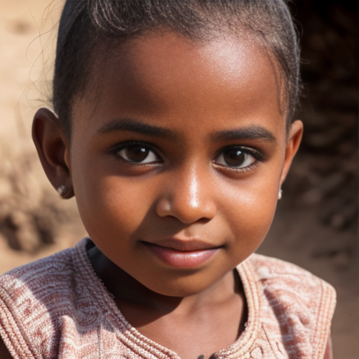 sudanese little girl, very beautiful and eager, on the village, close up