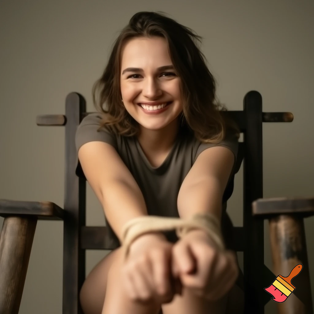 young woman tied to chair smiling chair facing us