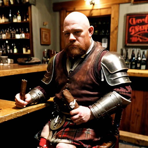 short far dwarf. gunslinger. cigar. sitting at the counter on chair in tavern and sipping a pint. bald. red beard. rough atmosphere. kilt. musket on the table. rugged leather armor. angry. harsh drawn style