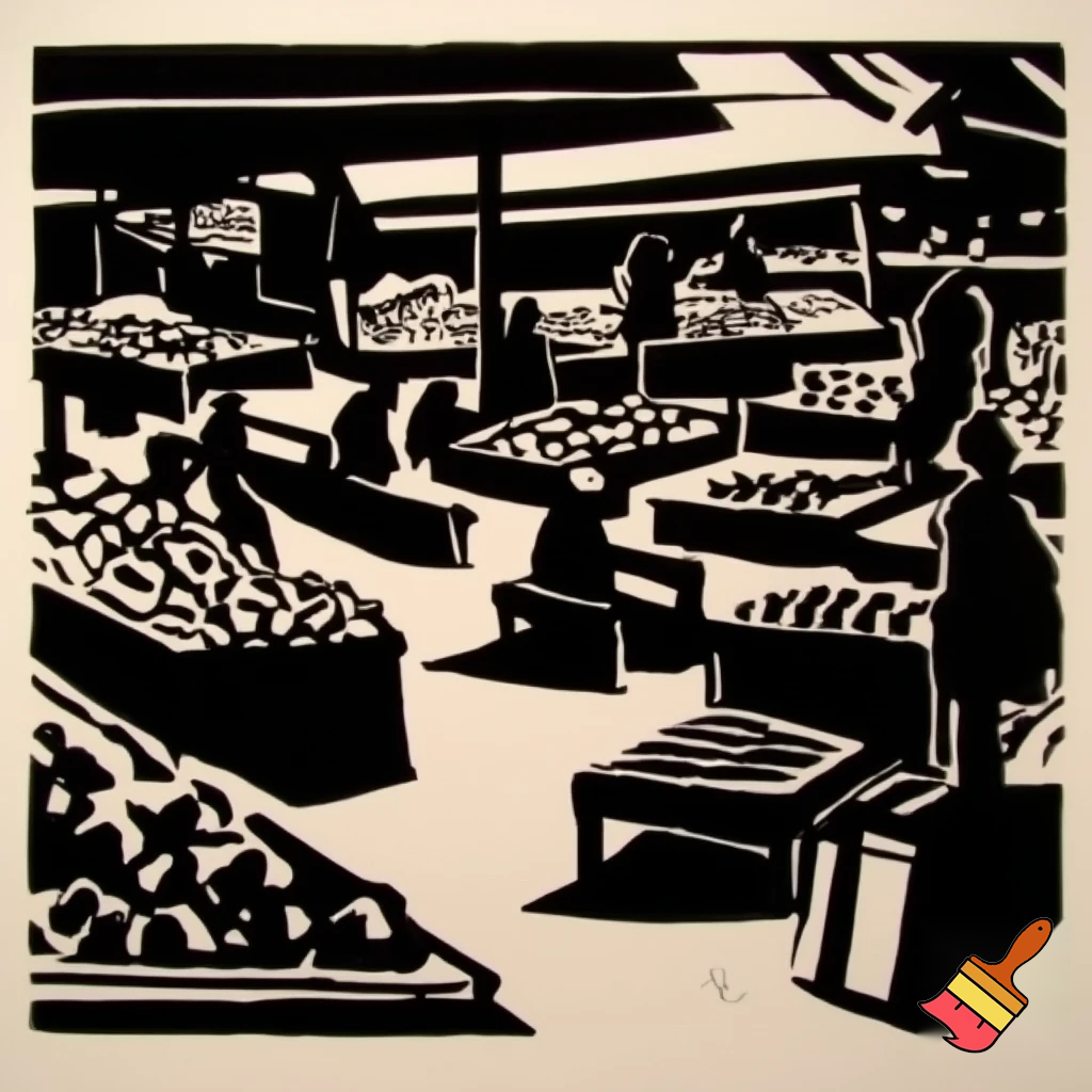 crea immagine di un mercato di alimentari con banchi e persone per stampa linoleografica, formato a4 paesaggio, dettaglio basso