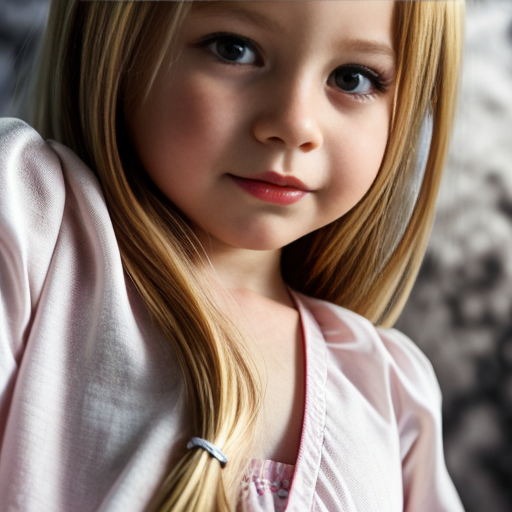 russian little girl, blonde long hair, nightdress, bedroom background, close up view