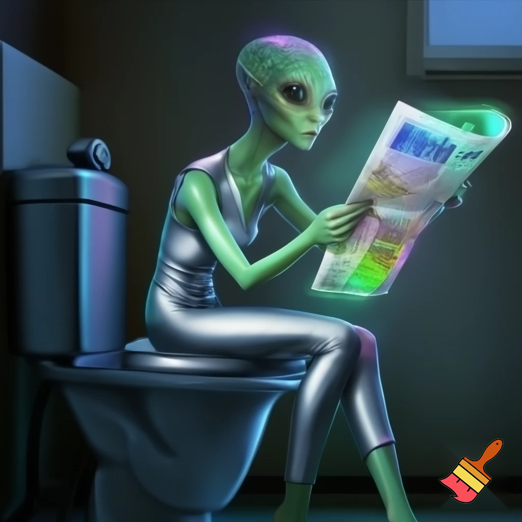 A green female with  greenhuman body alien reading a newspaper on the seat of the toilet
