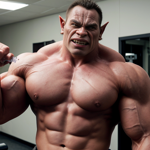Buff young Man using orc muscle growth hormone injection and turning into an orc
