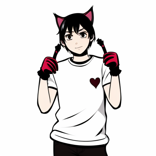 anime teenage boy with red eyes, black hair, white cat ears, a white shirt
,  black gloves with one love heart per glove and a brown cat tail with a white stripe near the tip.