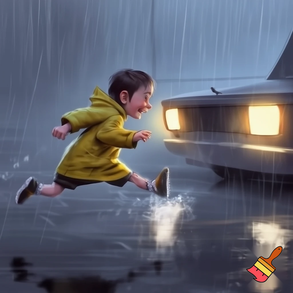 11 yr old boy running to the car in the rain