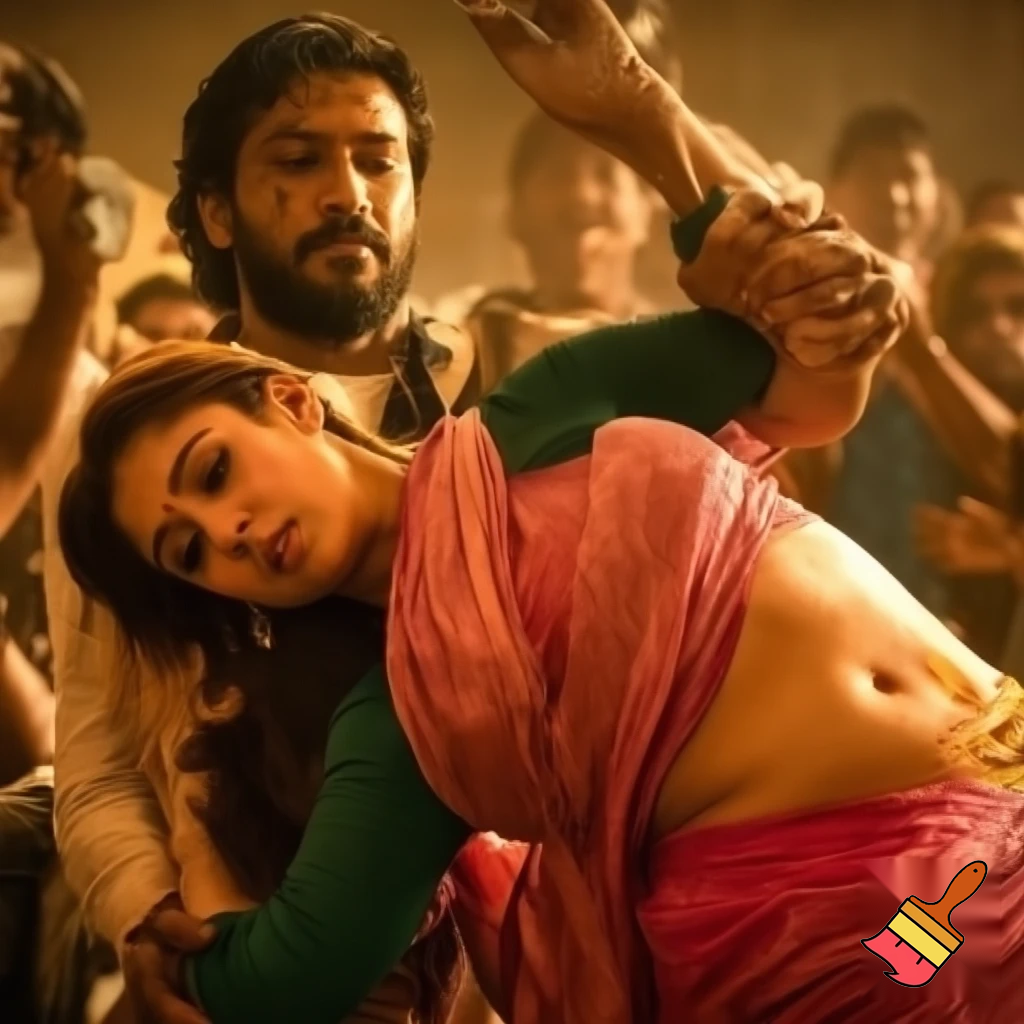 Dominant strong nayanthara saree rapes her weak husband on their wedding anniversary by kneeing him on the groin to forcefully submit him during a domestic dispute between them to decide on the ruler of the house. she thrusts force on him to create maximum pain as she subdued him. His strength is of no match to her powerful hold and he couldn't free himself from her hold. Her beauty is soo seductive to him but he has no energy left to challenge her and she completely obliterates him. He yields to her dominance by submission. Reveal her toned back, body, strong buttocks and boobs in saree and his sweat as a result of tiring fight. Make it realistic and believable. She punishes him relentlessly as she exposed her strength, figure,and emotions, no one there to help him as he pleads for mercy