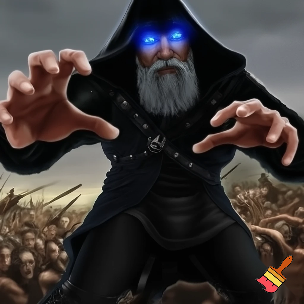  a grey-beard archmage in black clothes and hood with shiny blue eyes, on a battlefield surrounded by corpses and casting a powerful barrier spell with his hands.  