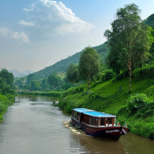 draw a beautiful hill station with river flowing  boat on it with a smakk cottage near river.