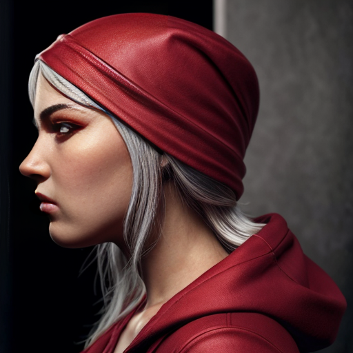 cute red riding hood, cinema, realistic, ultrarealistic, sideview, silver hair, strong makeup