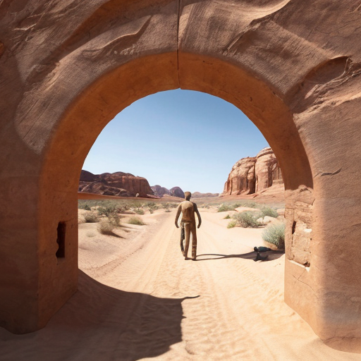 Put abstract figures in the center part of an arch in a desert landscape in Tanguy style