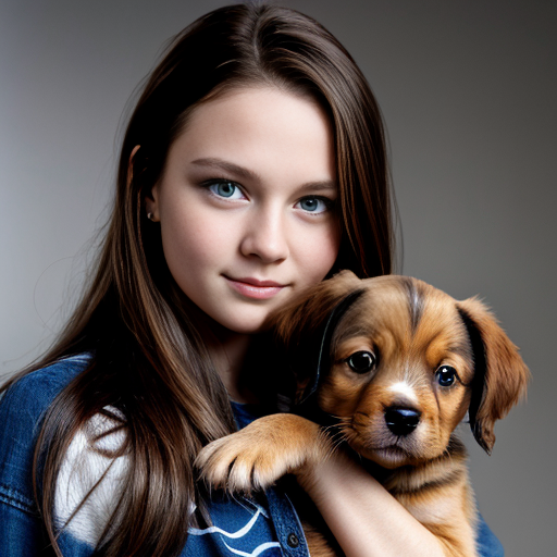 a girl with light brown long hair and blue eyes with an adourable puppy in her hand