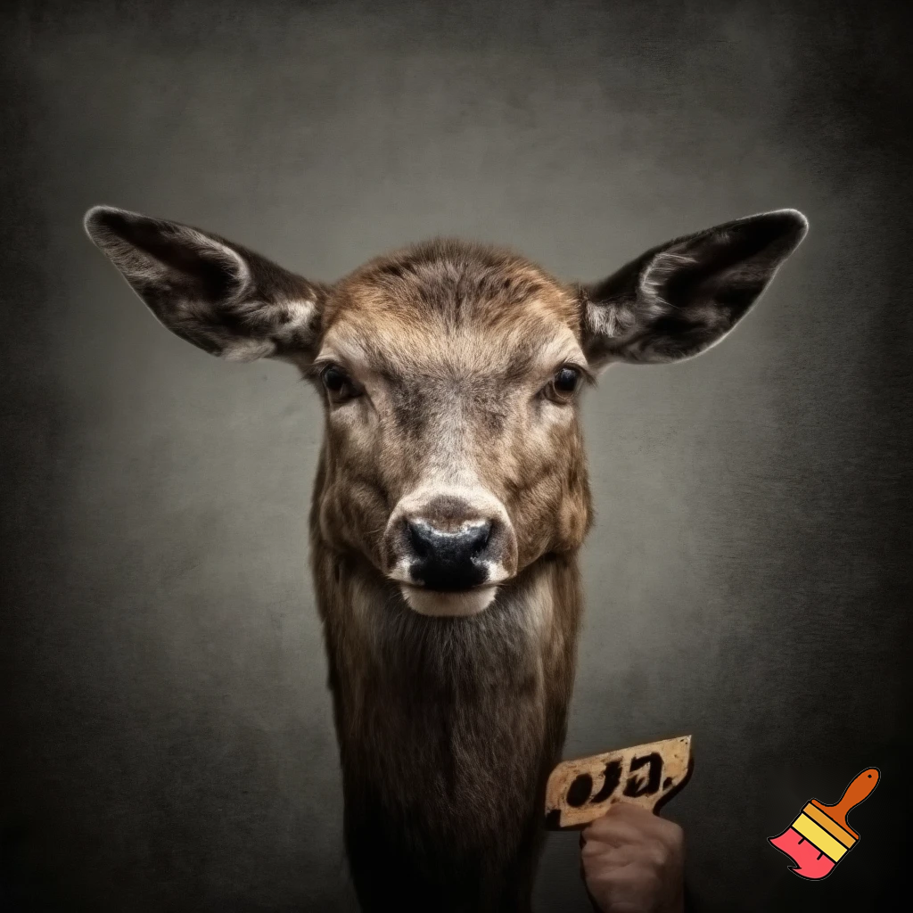 picture of a mugshot deer with scars and a serious face holding a number board