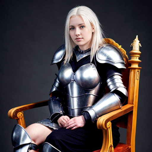 young tall white-haired woman in armor sits on a throne