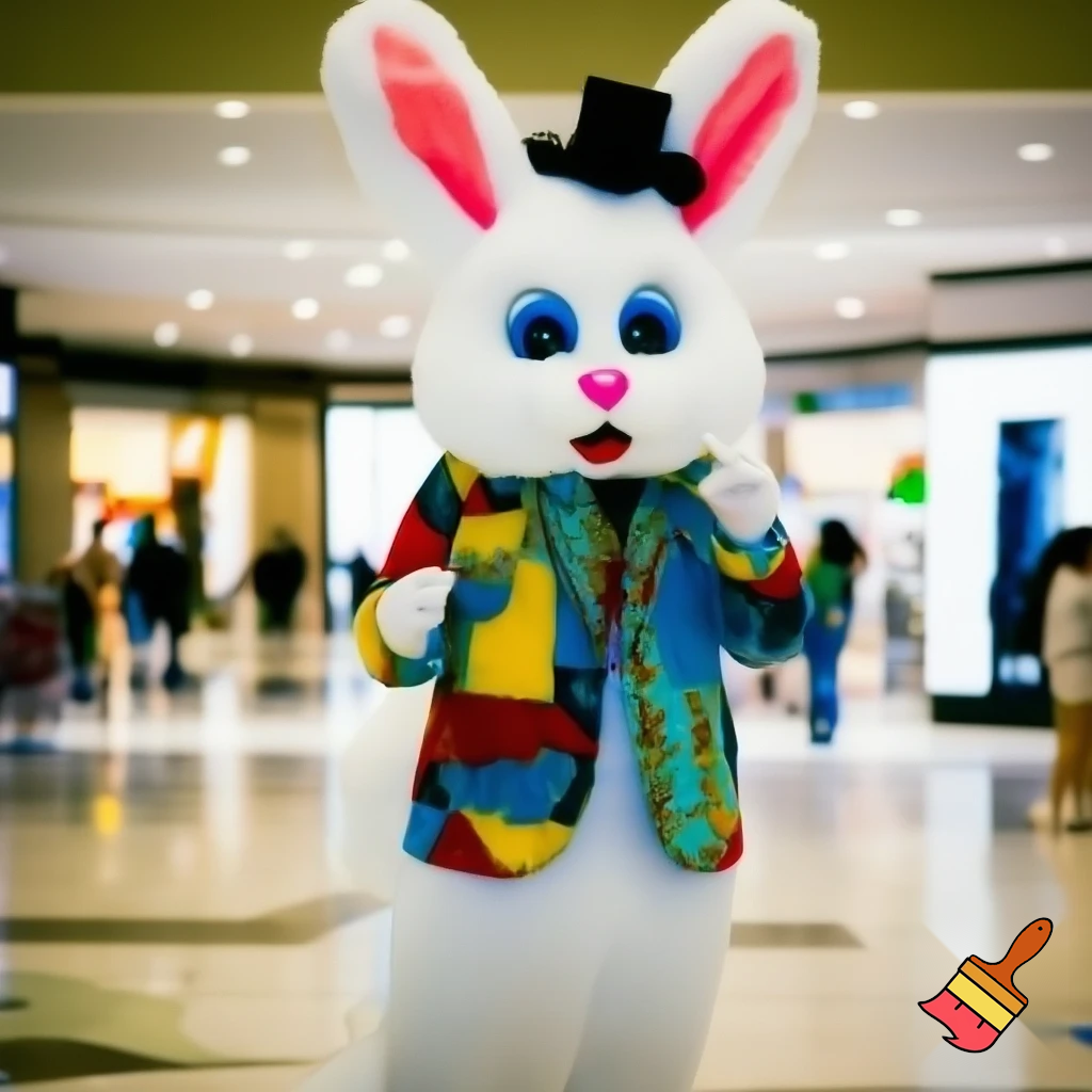 Easter bunny mascot costume top hat shopping Centre colourful jacket