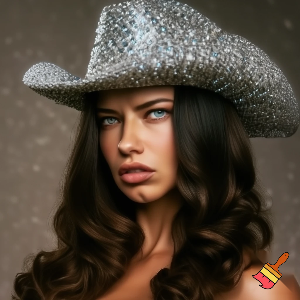 Adriana Lima wearing a sparkling cowboy hat, pinterest, aesthetic