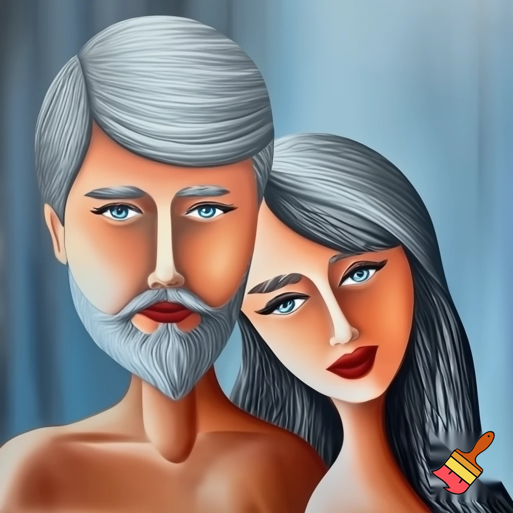 acrylic painting romantic couple older man and young woman with a long hair love blue and grey modern abstract
