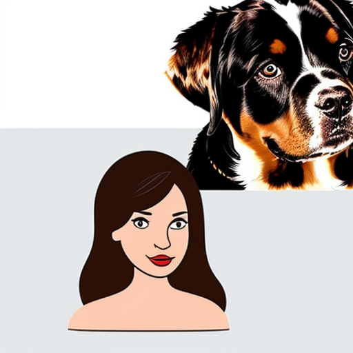 una ragazza con i capelli mossi e marroni e gli occhi azzurri vicino a un cane bovaro del bernese pelosissimo. vestiti techno .sopra la foto scrivi giulia e rock