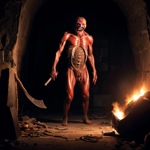 a towering, horned demon with obsidian-black skin stretched taut over corded muscle, its elongated limbs ending in jagged claws slick with fresh gore, standing amidst a cavernous slaughterhouse where dozens of skinned human carcasses hang from rusted hooks, their lifeless faces frozen in eternal screams. The flickering torchlight casts monstrous shadows that writhe across blood-smeared stone walls, illuminating piles of discarded viscera and shattered bones, while the demon's glowing sulfur-yellow eyes fixate on a lone survivor cowering in the corner—their trembling hands clutching a rusted cleaver, reflected in the demon's dripping maw as it grins with jagged, needle-like teeth. The air is thick with the coppery stench of butchery, every detail rendered in sickening realism: the visceral sheen of exposed muscle, the way intestines coil like wet rope across the floor, the subtle steam rising from freshly torn organs. Archaic symbols carved into the demon's flesh pulse with infernal light, casting eerie highlights across the carnage as if the very walls are breathing.