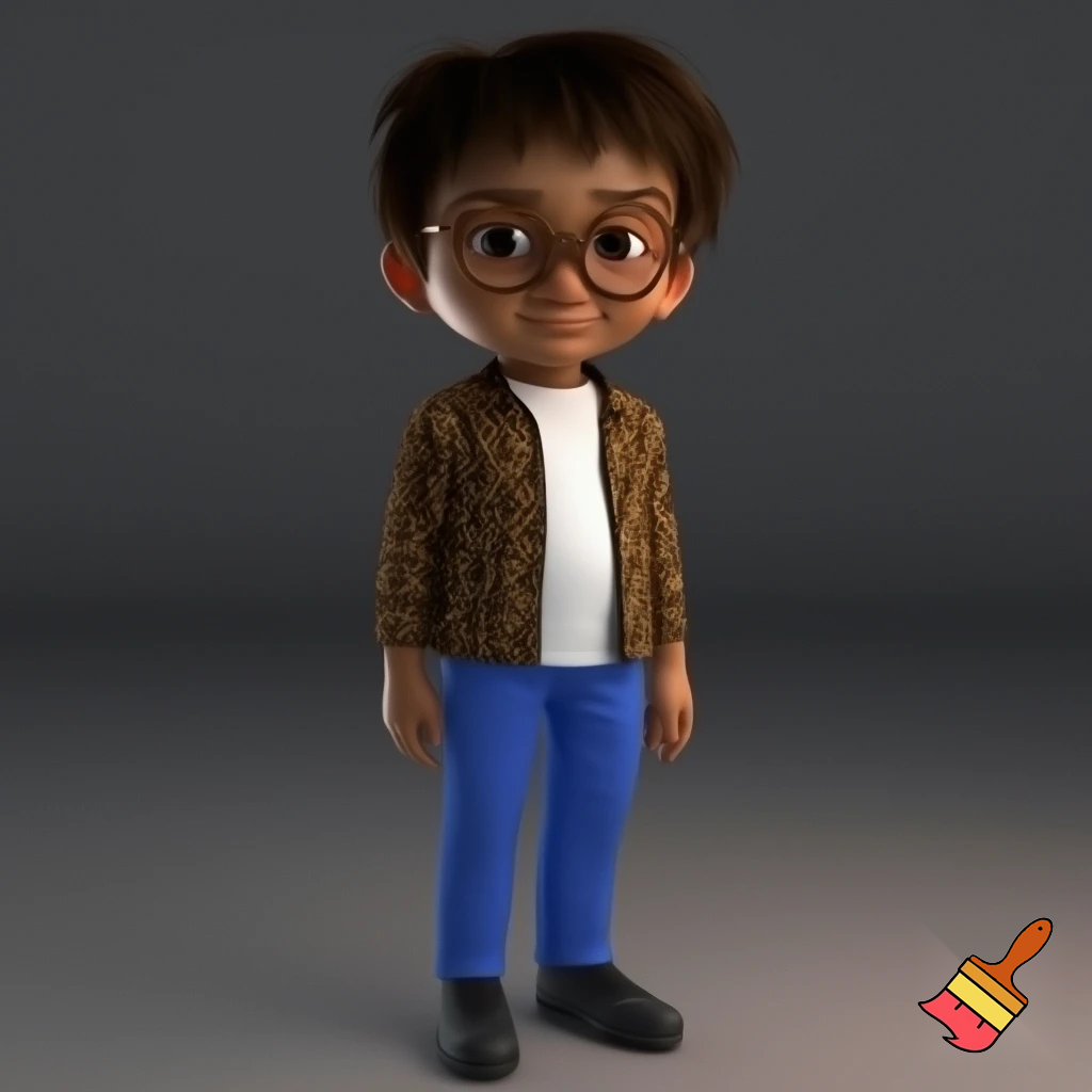A Gacha brown boy with dark brown hair, brown glasses and a brown pattern jacket with a white shirt, blue pants and black shoes. 