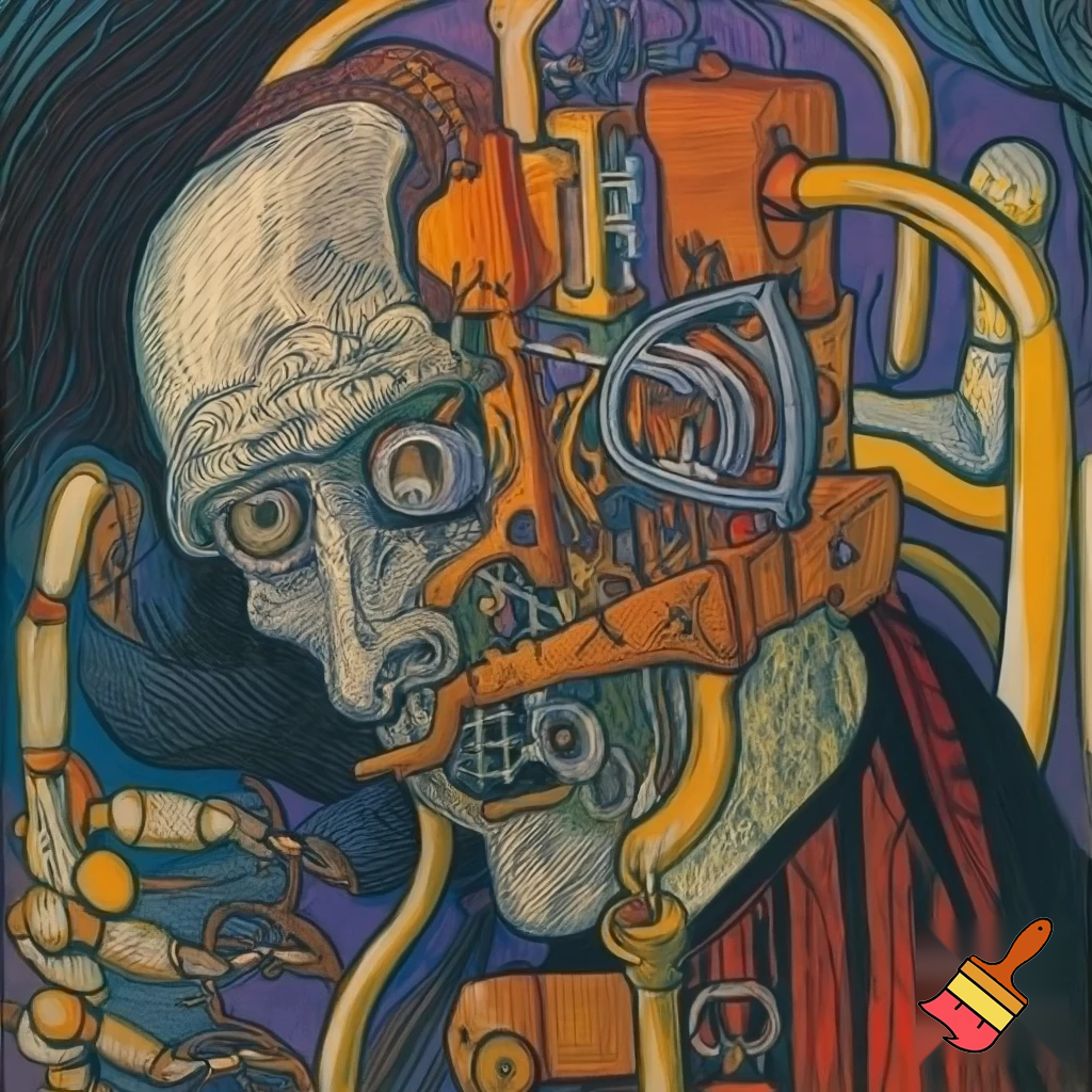 Bio-mechanical post-human noise art. In the style of a 1920's German Expressionist woodcut print.