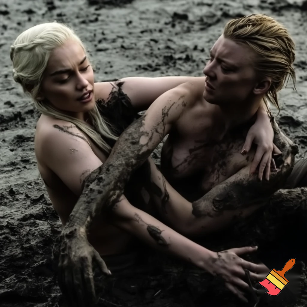 Daenerys Targaryen and Natalie Dormer wrestling in the mud , Natalie Dormer is under Daenerys and losing. Both are naked and all sweaty 
