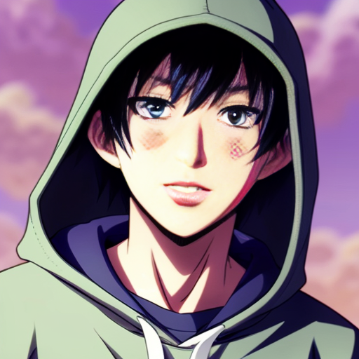 black anime teenage boy wearing a dark blue hooded jumper with the hood up and his eyes are bright purple
