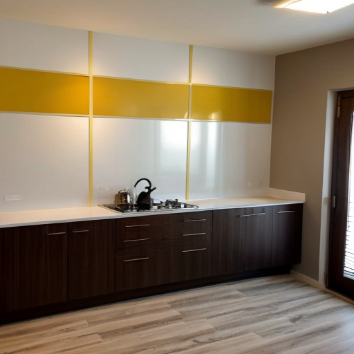 generate an interior picture of a commercial room , The second photo is the most suitable of the ones presented
commercial premises, with a 2.5-meter-long and 2.7-meter-high wall on the left, with 5 4-centimeter-wide pecan-colored boards on the left and right edges of the wall, and black wallpaper with gold-colored thin stripes in between. There is also a 60-centimeter-wide and 2-meter-high decorative panel with a floral pattern, and a 60-centimeter-wide and 2-meter-high mirror. the second wall begins with 50 cm of 4 cm wide pecked walnut-colored slats, followed by a 1.80 m long and 1.3 m high counter with a glass in the middle that is illuminated from the inside with yellow light, then 90 cm of slats that are pecked at regular intervals, and the wall ends with a door that matches the color of the counter. The third wall is covered with decorative plaster. Design this room in a modern and stylish manner.